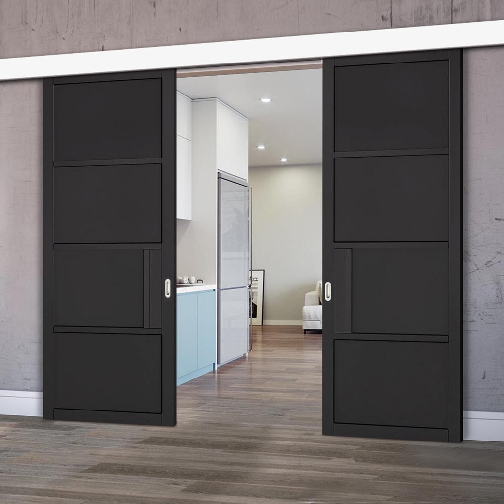 Double Sliding Door & Wall Track - Chelsea 4 Panel Black Primed Door