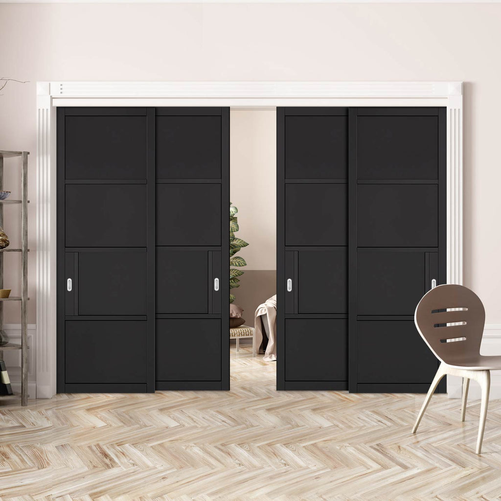 Pass-Easi Four Sliding Doors and Frame Kit - Chelsea 4 Panel Black Painted Door - Prefinished