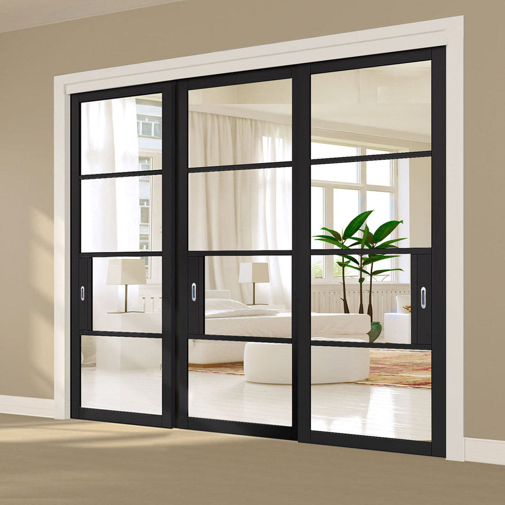 Pass-Easi Three Sliding Doors and Frame Kit - Chelsea 4 Pane Black Primed Door - Clear Glass