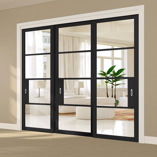 Image: Pass-Easi Three Sliding Doors and Frame Kit - Chelsea 4 Pane Black Primed Door - Clear Glass