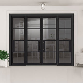 Image: ThruEasi Room Divider - Chelsea 4 Pane Black Primed Tinted Glass Unfinished Double Doors with Double Sides