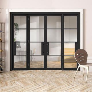 Image: ThruEasi Room Divider - Chelsea 4 Pane Black Primed Clear Glass Unfinished Double Doors with Double Sides