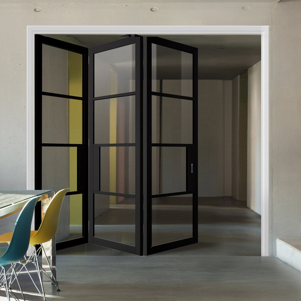 Three Folding Doors & Frame Kit - Chelsea 4 Pane Black Primed 3+0 - Clear Glass