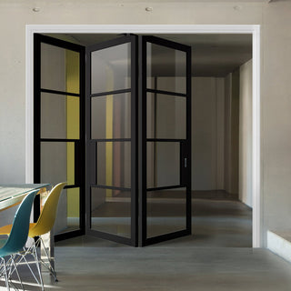 Image: Three Folding Doors & Frame Kit - Chelsea 4 Pane Black Primed 3+0 - Clear Glass