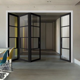 Image: Four Folding Doors & Frame Kit - Chelsea 4 Pane Black Primed 3+1 - Clear Glass