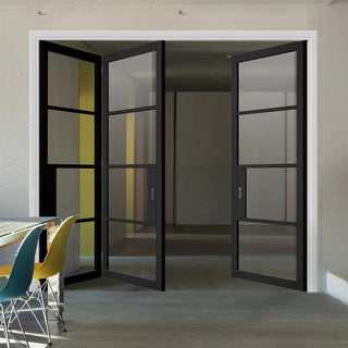 Image: Three Folding Doors & Frame Kit - Chelsea 4 Pane Black Primed 2+1 - Clear Glass