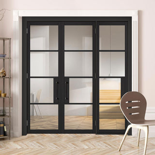 Image: ThruEasi Room Divider - Chelsea 4 Pane Black Primed Clear Glass Unfinished Double Doors with Single Side