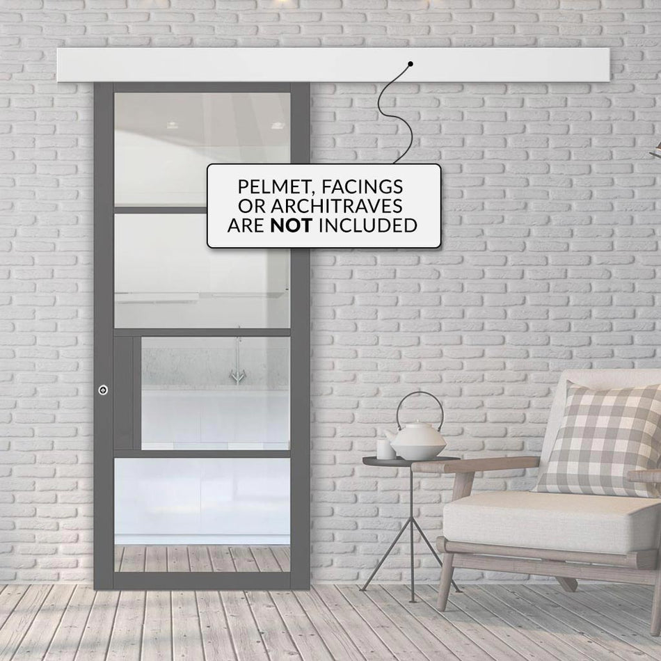 Single Sliding Door & Wall Track - Chelsea 4 Pane Black Primed Door - Clear Glass