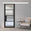 Single Sliding Door & Wall Track - Chelsea 4 Pane Black Primed Door - Clear Glass