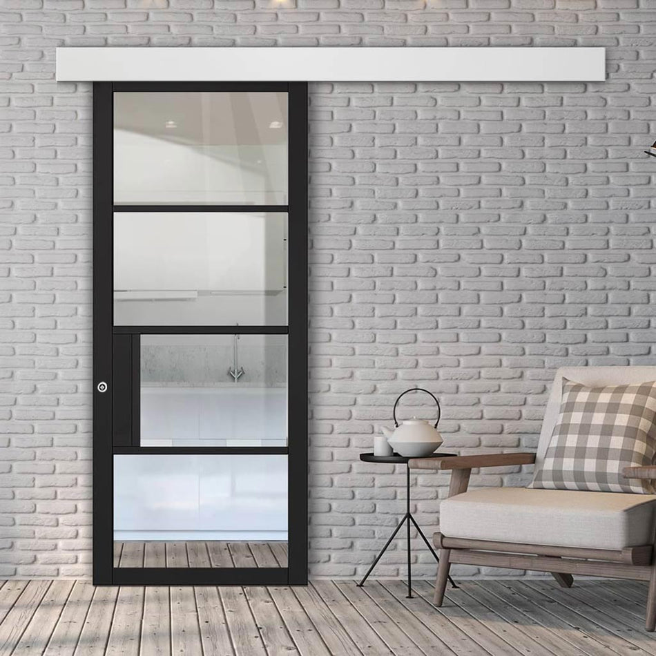 Single Sliding Door & Wall Track - Chelsea 4 Pane Black Primed Door - Clear Glass