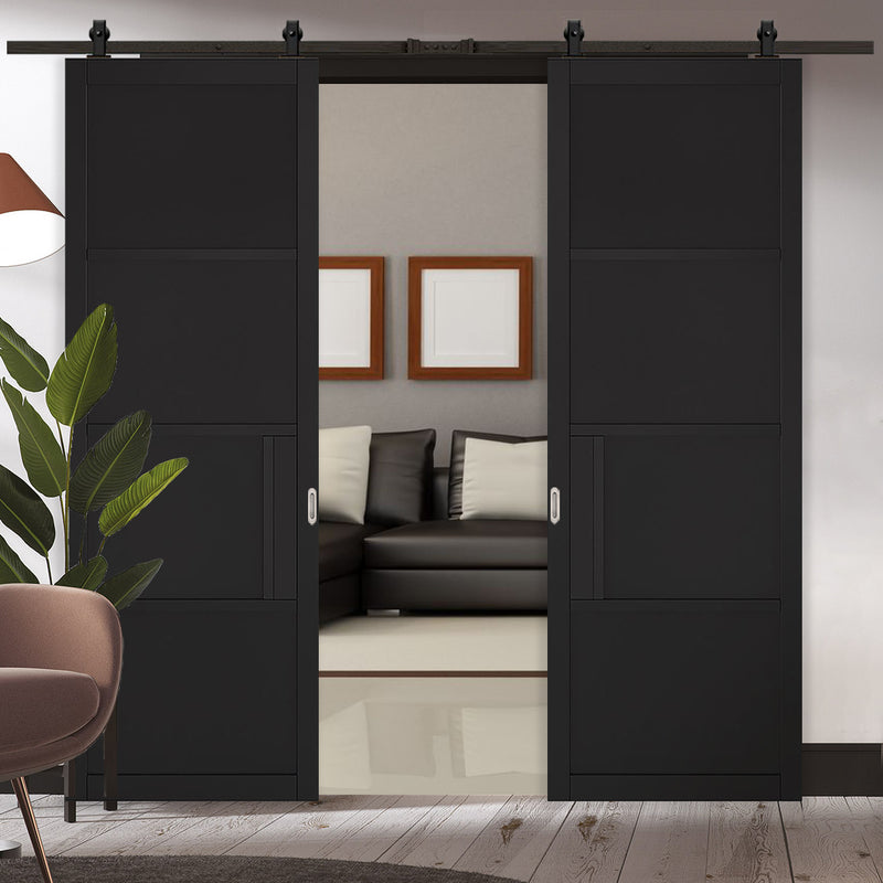 Top Mounted Black Sliding Track & Double Door - Chelsea 4 Panel Black Painted Doors - Prefinished