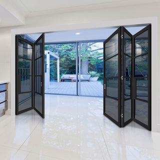 Image: Five Folding Doors & Frame Kit - Chelsea 4 Pane Black Primed 3+2 - Tinted Glass