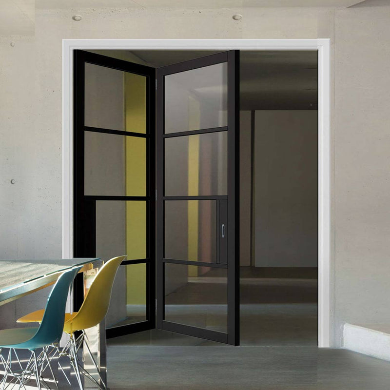 Two Folding Doors & Frame Kit - Chelsea 4 Pane Black Primed 2+0 - Clear Glass