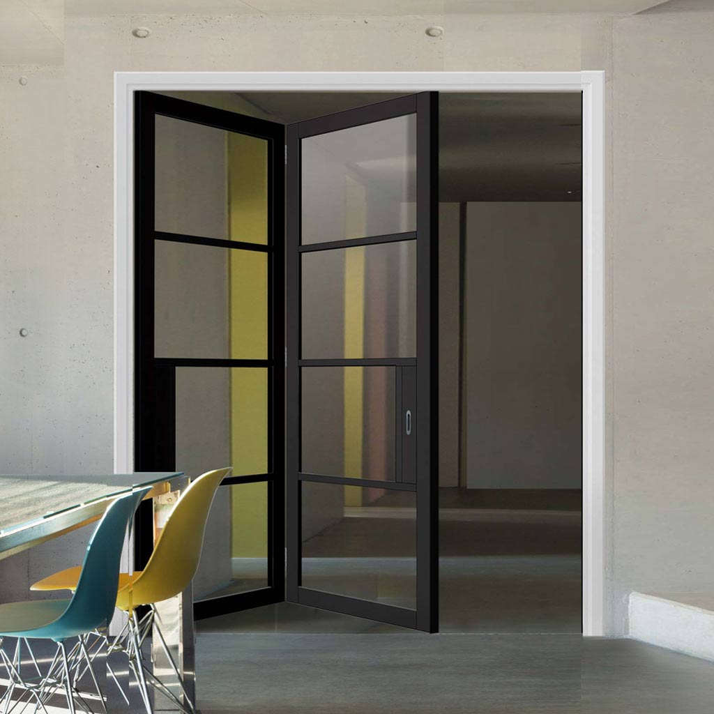 Two Folding Doors & Frame Kit - Chelsea 4 Pane Black Primed 2+0 - Clear Glass