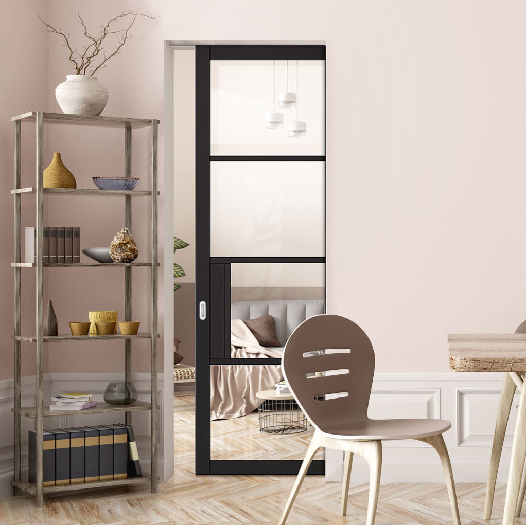 Chelsea 4 Pane Black Primed Absolute Evokit Single Pocket Door - Clear Glass