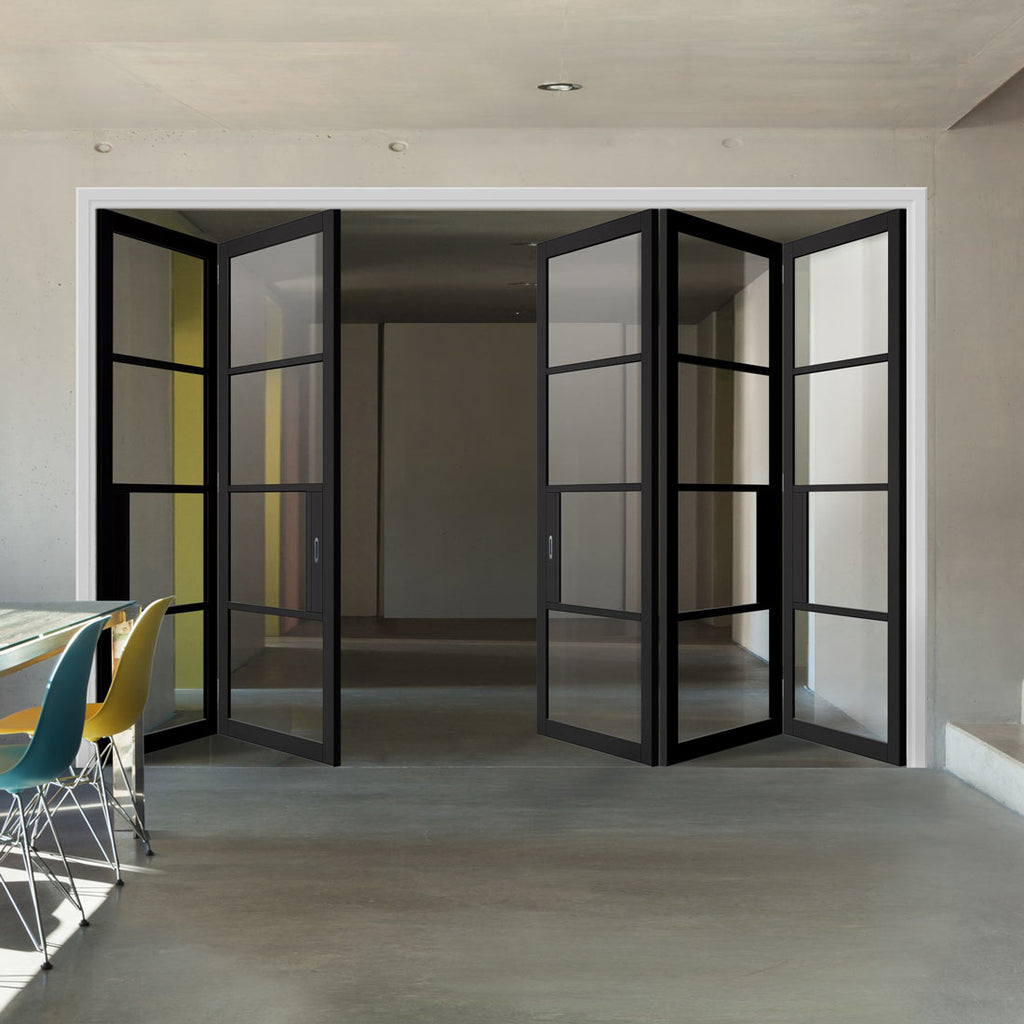 Five Folding Doors & Frame Kit - Chelsea 4 Pane Black Primed 3+2 - Clear Glass
