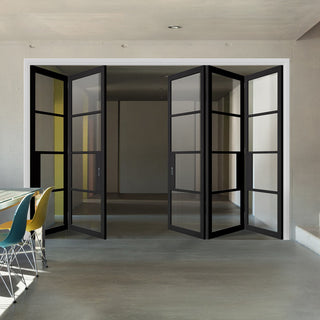 Image: Five Folding Doors & Frame Kit - Chelsea 4 Pane Black Primed 3+2 - Clear Glass
