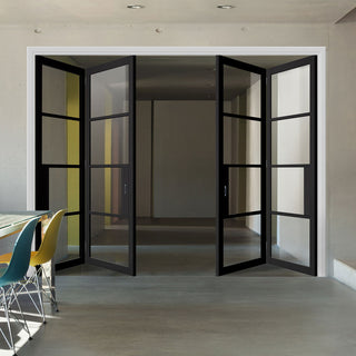 Image: Four Folding Doors & Frame Kit - Chelsea 4 Pane Black Primed 2+2 - Clear Glass