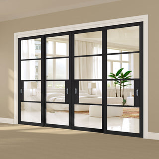 Image: Pass-Easi Four Sliding Doors and Frame Kit - Chelsea 4 Pane Black Primed Door - Clear Glass