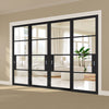 Pass-Easi Four Sliding Doors and Frame Kit - Chelsea 4 Pane Black Primed Door - Clear Glass