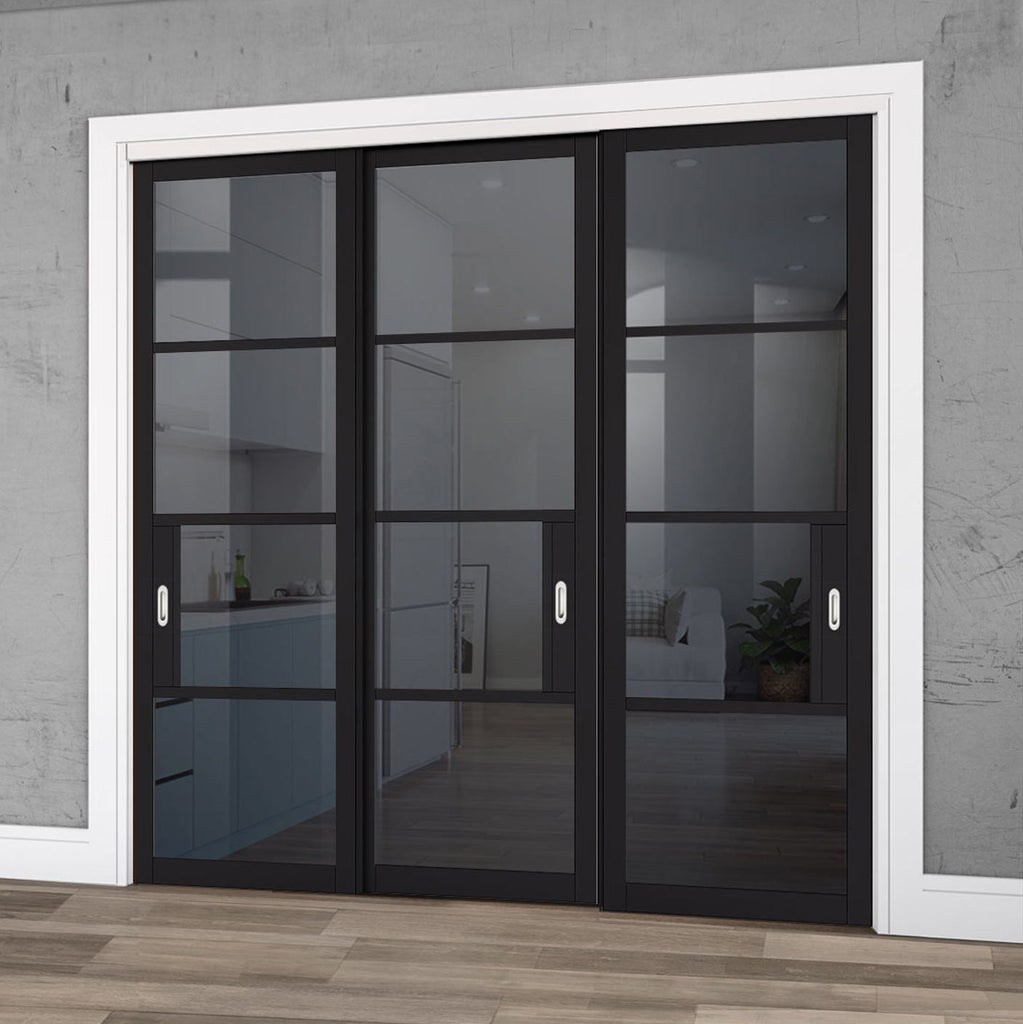 Pass-Easi Three Sliding Doors and Frame Kit - Chelsea 4 Pane Black Primed Door - Tinted Glass