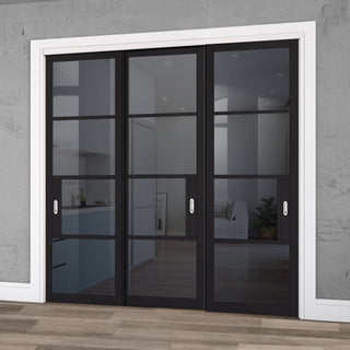 Image: Pass-Easi Three Sliding Doors and Frame Kit - Chelsea 4 Pane Black Primed Door - Tinted Glass
