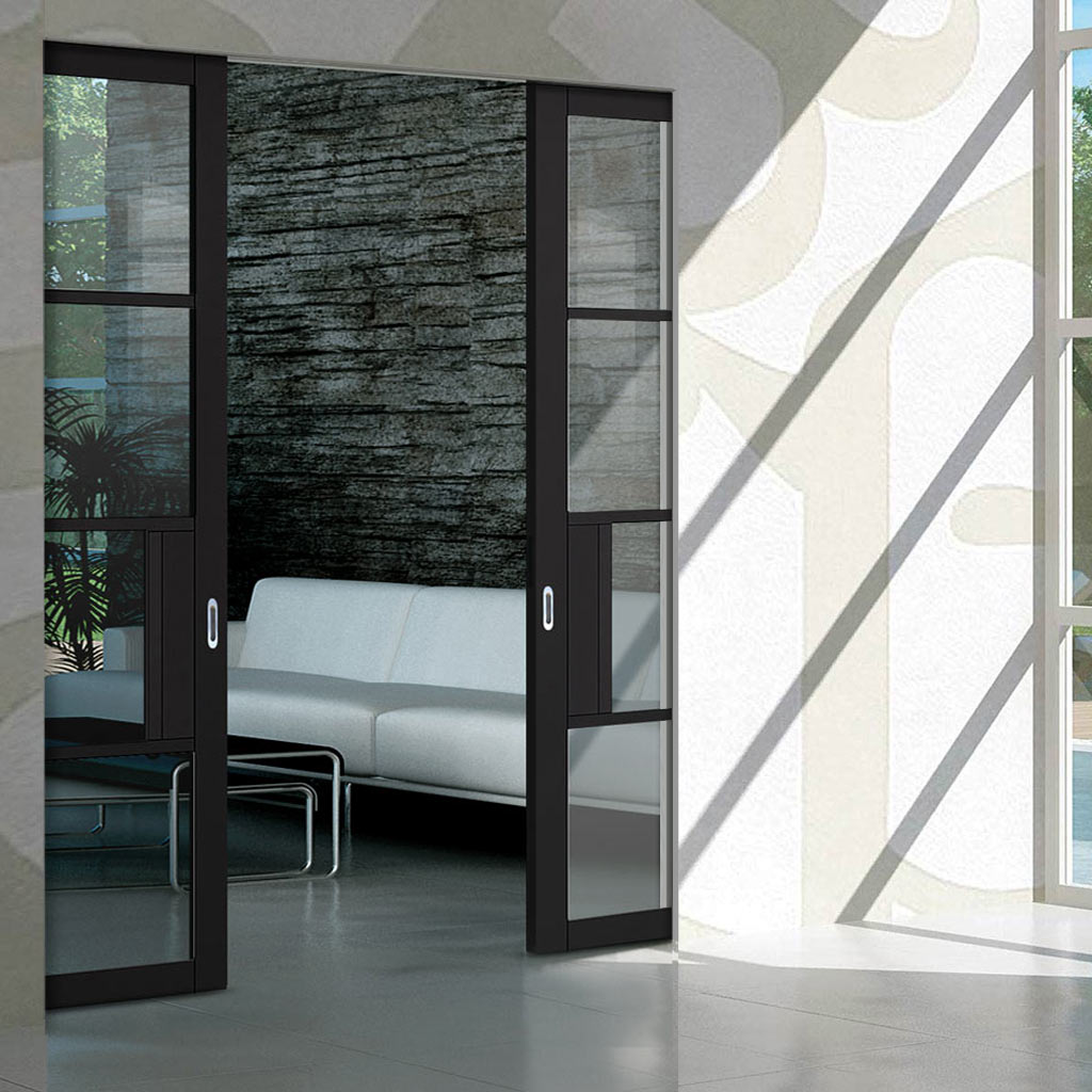 Chelsea 4 Pane Black Primed Absolute Evokit Double Pocket Door - Clear Glass