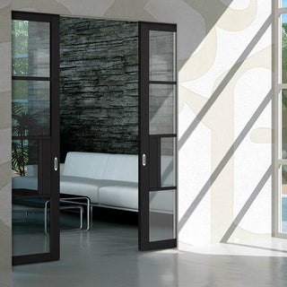 Image: Chelsea 4 Pane Black Primed Absolute Evokit Double Pocket Door - Clear Glass