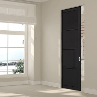 Image: Chelsea 4 Panel Black Primed Absolute Evokit Single Pocket Door