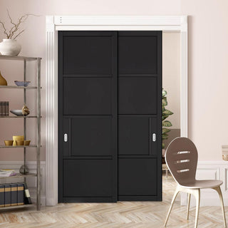 Image: Pass-Easi Two Sliding Doors and Frame Kit - Chelsea 4 Panel Black Primed Door