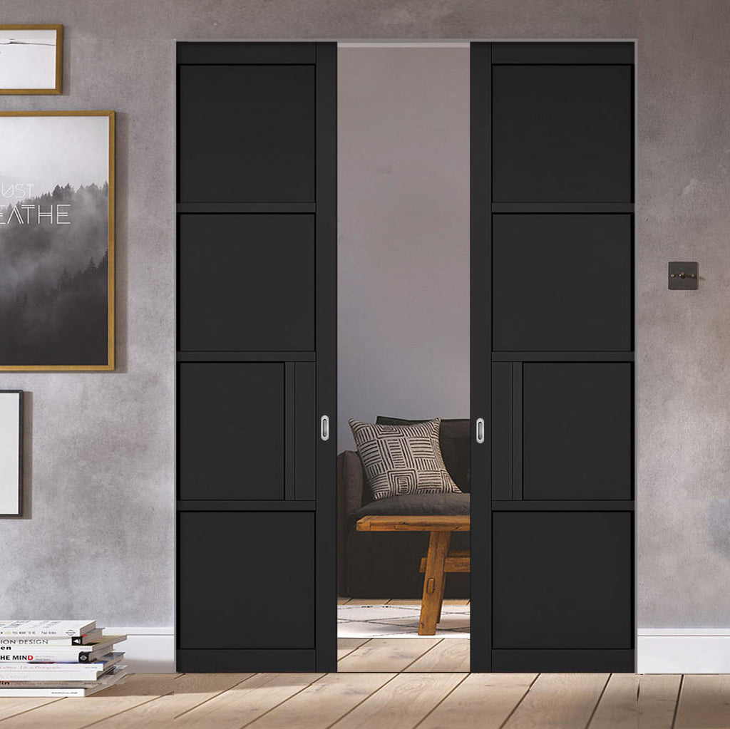 Chelsea 4 Panel Black Primed Absolute Evokit Double Pocket Door