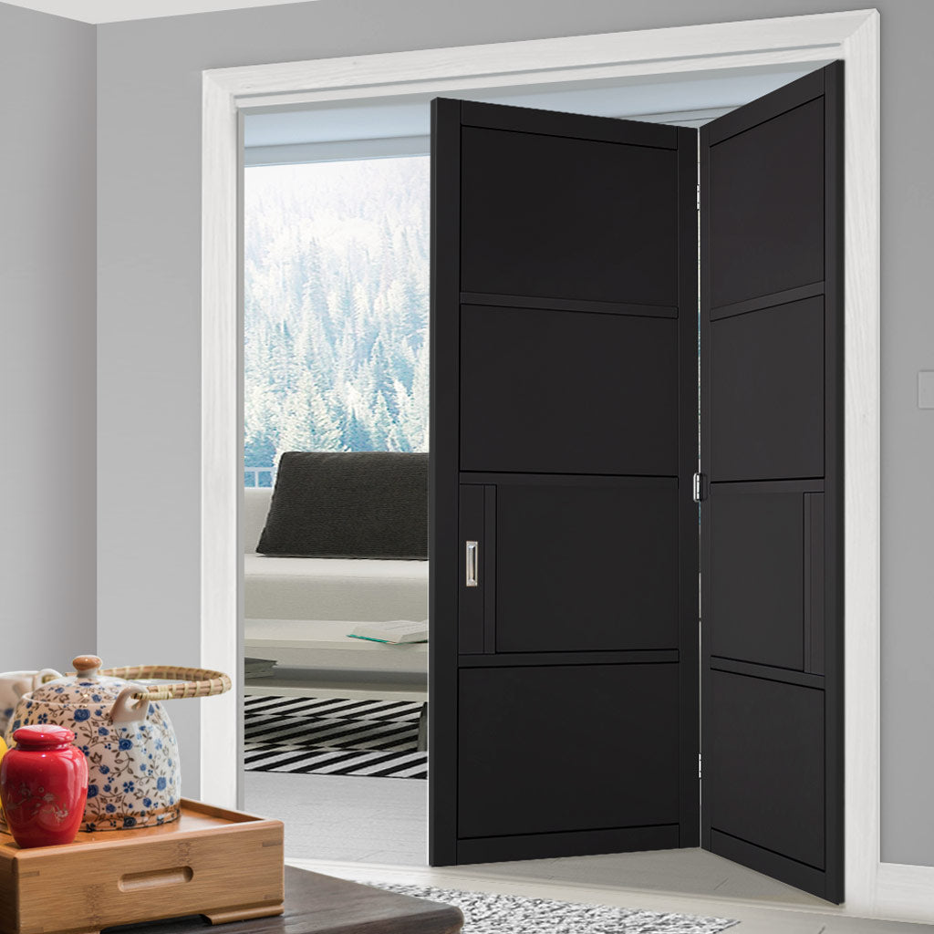 Two Folding Doors & Frame Kit - Chelsea 4 Panel 2+0 - Black Primed