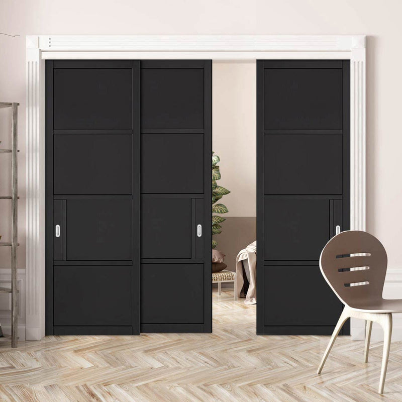 Pass-Easi Three Sliding Doors and Frame Kit - Chelsea 4 Panel Black Painted Door - Prefinished