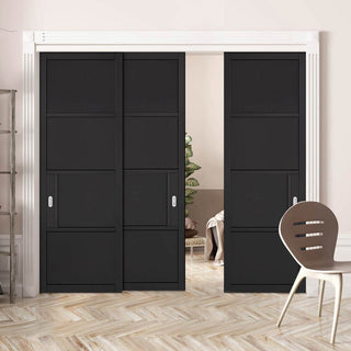 Image: Pass-Easi Three Sliding Doors and Frame Kit - Chelsea 4 Panel Black Primed Door