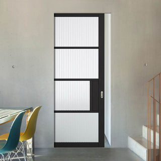 Image: Chelsea 4 Pane Black Primed Absolute Evokit Single Pocket Door - Clear Reeded Glass