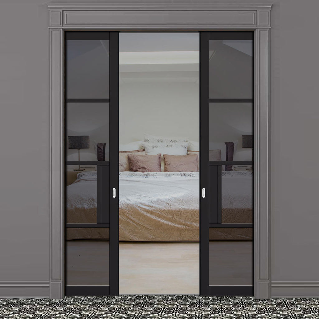 Chelsea 4 Pane Black Primed Double Evokit Pocket Doors - Tinted Glass