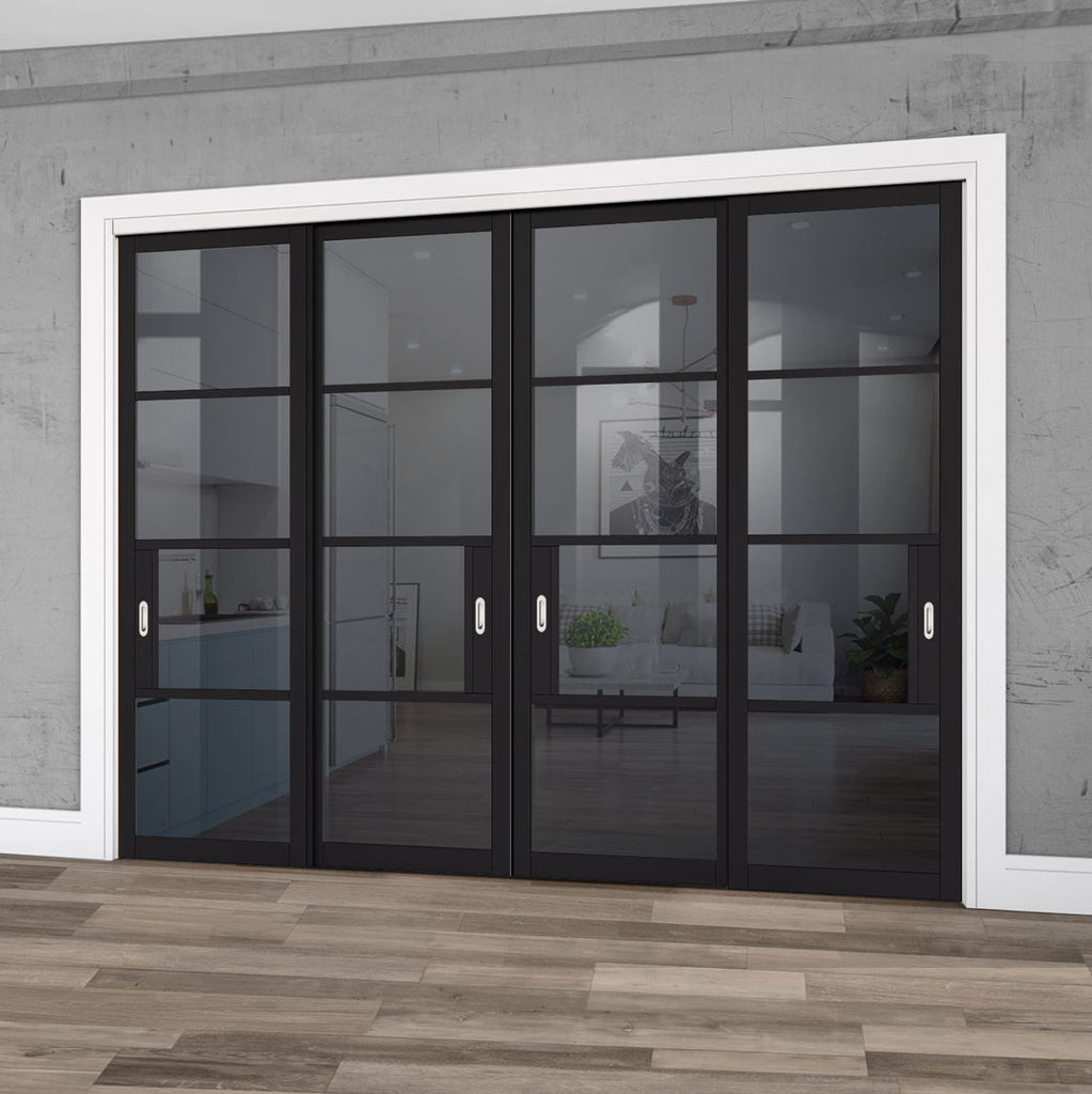 Pass-Easi Four Sliding Doors and Frame Kit - Chelsea 4 Pane Black Primed Door - Tinted Glass