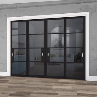 Image: Pass-Easi Four Sliding Doors and Frame Kit - Chelsea 4 Pane Black Primed Door - Tinted Glass