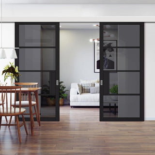 Image: Double Sliding Door & Wall Track - Chelsea 4 Pane Black Primed Door - Tinted Glass