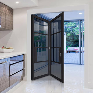 Image: Two Folding Doors & Frame Kit - Chelsea 4 Pane Black Primed 2+0 - Tinted Glass