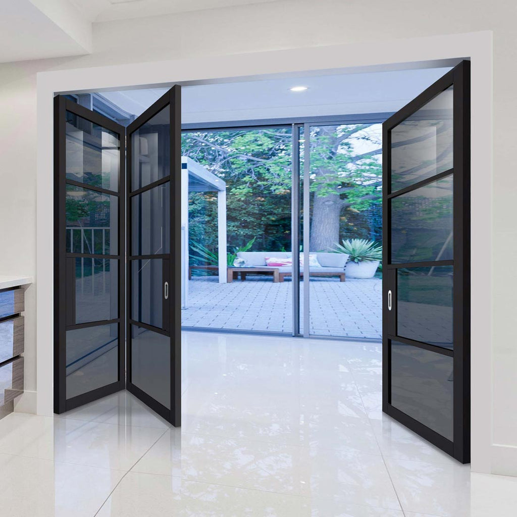 Three Folding Doors & Frame Kit - Chelsea 4 Pane Black Primed 2+1 - Tinted Glass