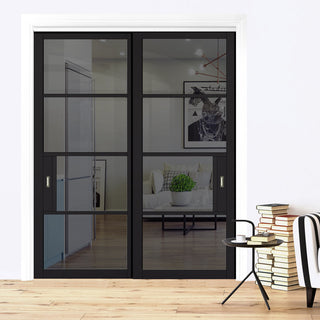 Image: Pass-Easi Two Sliding Doors and Frame Kit - Chelsea 4 Pane Black Primed Door - Tinted Glass