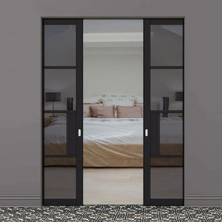 Image: Chelsea 4 Pane Black Primed Absolute Evokit Double Pocket Door - Tinted Glass