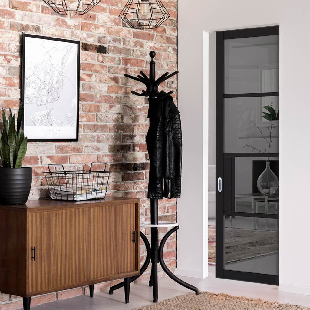 Chelsea 4 Pane Black Primed Absolute Evokit Single Pocket Door - Tinted Glass