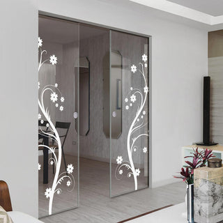 Image: Cherry Blossom 8mm Clear Glass - Obscure Printed Design - Double Absolute Pocket Door
