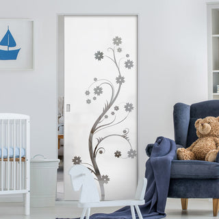Image: Cherry Blossom 8mm Obscure Glass - Clear Printed Design - Single Absolute Pocket Door