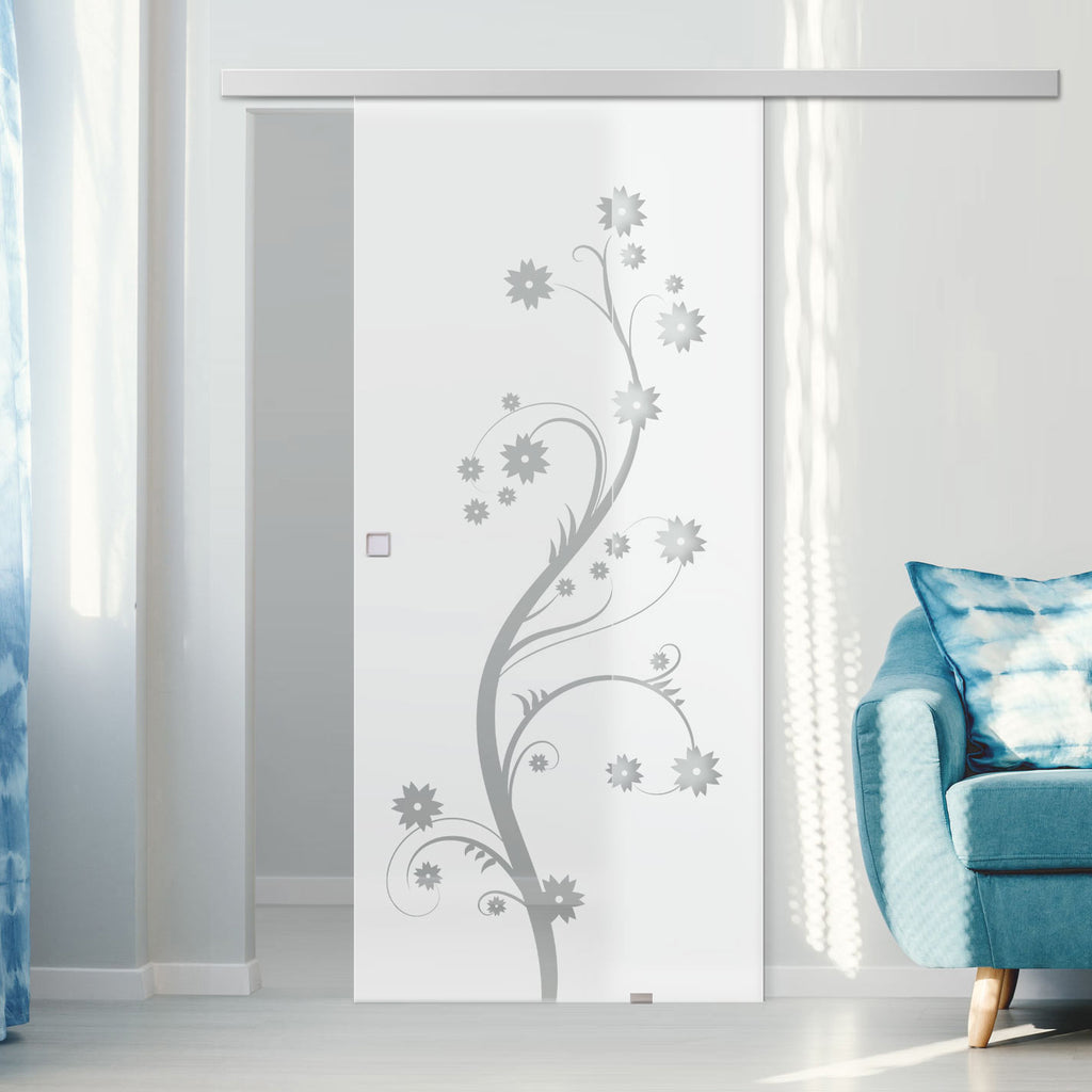 Single Glass Sliding Door - Cherry Blossom 8mm Obscure Glass - Clear Printed Design with Elegant Track