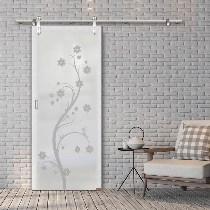 Single Glass Sliding Door - Solaris Tubular Stainless Steel Sliding Track & Cherry Blossom 8mm Obscure Glass - Obscure Printed Design