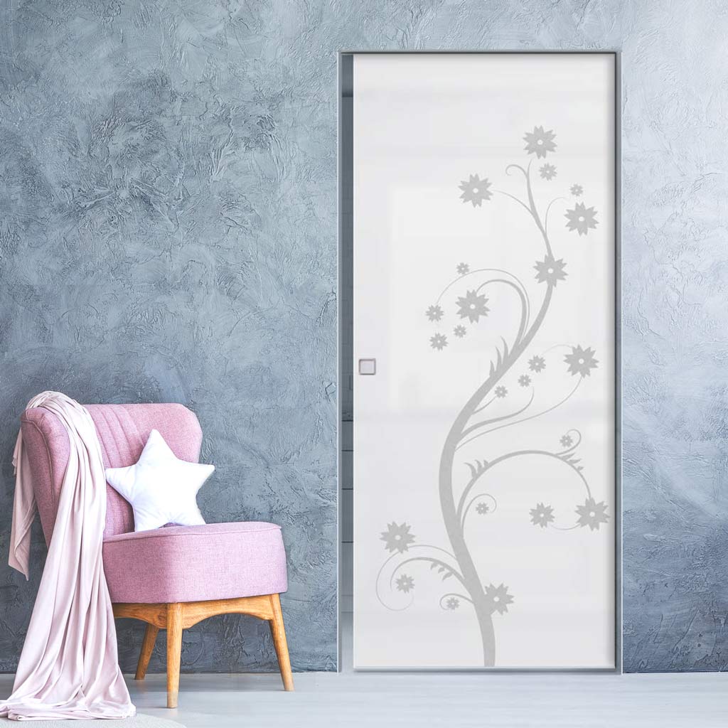 Cherry Blossom 8mm Obscure Glass - Obscure Printed Design - Single Absolute Pocket Door