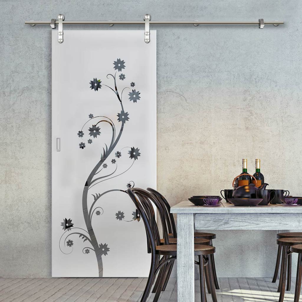 Single Glass Sliding Door - Solaris Tubular Stainless Steel Sliding Track & Cherry Blossom 8mm Obscure Glass - Clear Printed Design